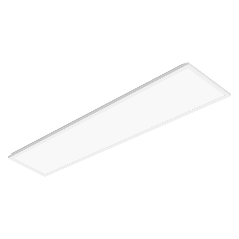 Thin, rectangular white LED panel light, neutral white light, side view.