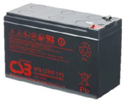 A black rectangular battery with red markings and symbols, model code UPS 12360 2 F2.