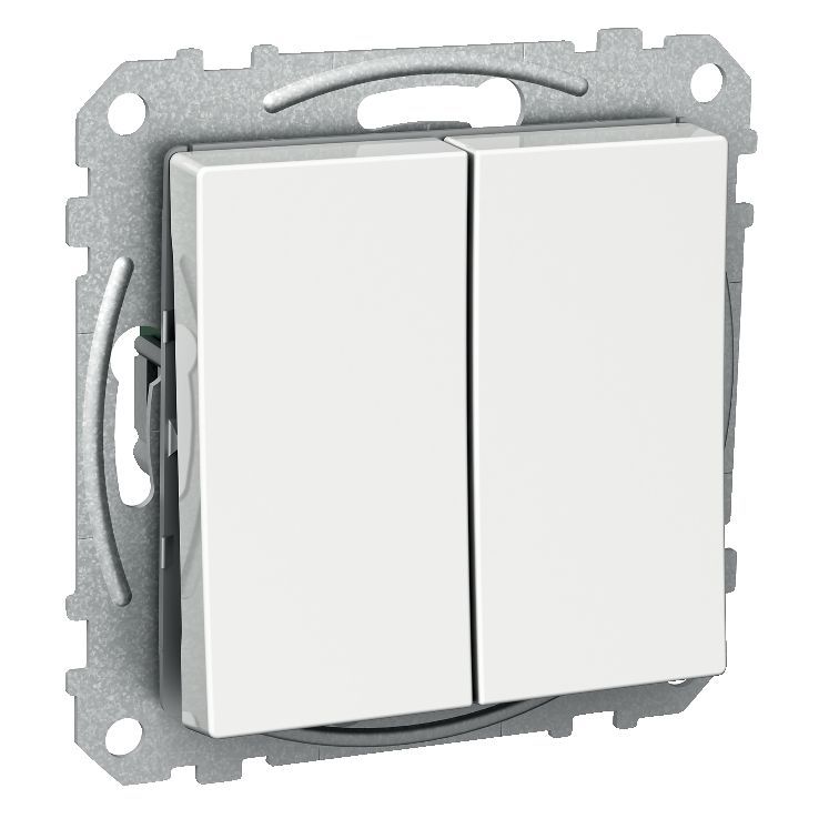 Schneider Electric Exxact 5-switch, white spring terminal Two white Schuko-style switch buttons in a metallic mounting frame.