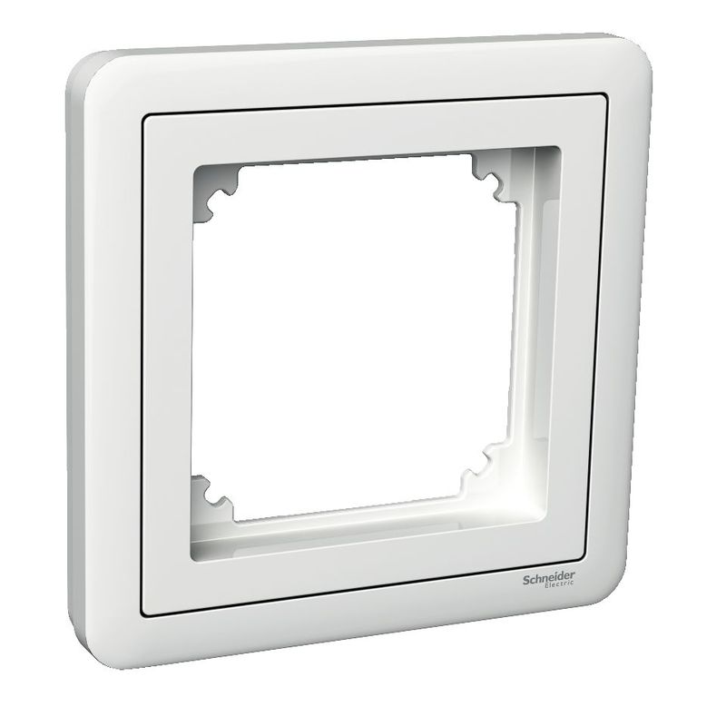 White, square combination of Schneider Electric Exxact frame and adapter from a front-side angle.