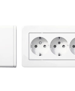 White, three-part corner socket outlet. Visible from the front and side. Glossy plastic surface, modern and neat design.