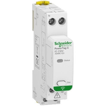White Schneider Electric PowerTag C 230V relay unit, front view, green details and clear connections.