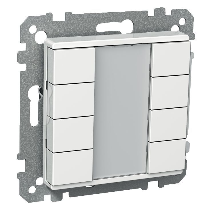 White 8-piece KNX button with a gray metallic frame. Front view.