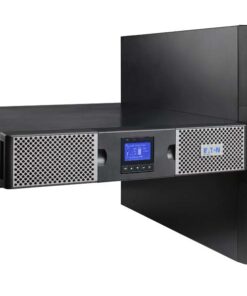 Eaton 9PX 1500I RT2U online UPS - powerful and compact solution. Eaton 9PX 1500I RT2U online UPS, black casing, front display with bright blue lighting, rack and tower configurations.
