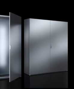 Rittal VX SE cabinet 1000x1800x400 mm, stainless steel A tall and wide stainless steel electrical cabinet with one door open and the other closed, set against a black background.