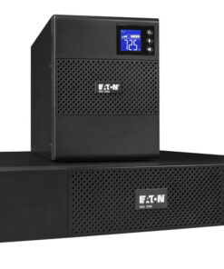 Eaton 5SC 3000I RT2U UPS in black with a modern display. Black Eaton 5SC 3000I RT2U UPS device, display and ventilation openings on the front panel. Horizontal stacking.
