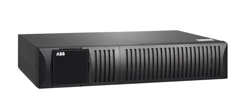 Black rectangular ABB uninterruptible power supply with ventilation openings, front view.