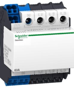 Harmaa ja sinimusta Schneider Electricin liitäntätarvike, kompakti suorakulmainen muoto, selkeä numero- ja liitäntäkohdat.