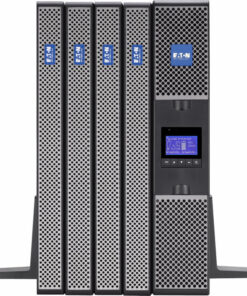 Eaton 9PX EBM 72V lithium-ion batteries standing upright, UPS accessories Four black and gray Eaton 9PX EBM 72V lithium-ion batteries standing upright, with an LCD monitor in front.