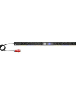 Eaton power distribution unit, 16A 3-phase, with multiple outlets Black Eaton power distribution unit with multiple C13 and C19 outlets and a red power plug, placed horizontally.