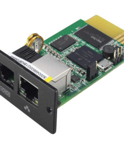 Network card with two Ethernet ports, green circuit board and black front panel, viewed from above.