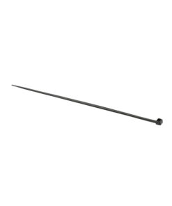 Black cable tie, long and narrow, in a straight position against a white background.