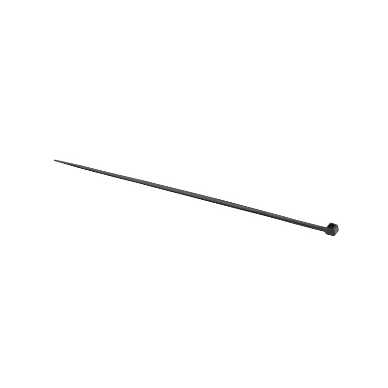 Black cable tie, long and narrow, in a straight position against a white background.