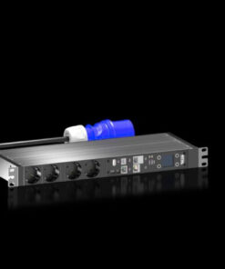 Rittal PDU Managed 16A, silver distributor with blue CEE connector On a black background, a silver Rittal PDU distributor with a blue CEE connector and four Schuko sockets.