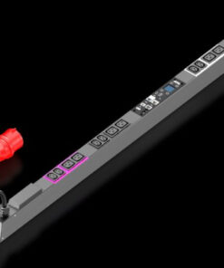Rittal power strip PDU Metered+ 16A/3 with CEE connector and sockets A long, black and grey power strip with a red CEE connector and multiple sockets, photographed against a black background.
