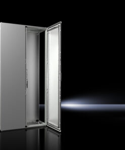 Rittal VX 1000x2000x400 cabinet, metallic gray detail. Metallic gray Rittal VX cabinet, dimensions 1000x2000x400 mm, open door, black background.