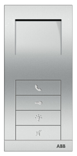 A silver-colored handset-free ABB audio unit with four buttons and a sliding surface.
