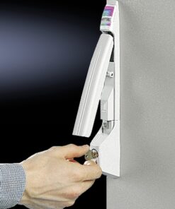 Light gray Rittal comfort handle RAL 7035, modern design and metallic finish, a hand turning the lock.