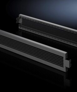 Rittal VX base cover plate 800x100 ventilated, high-quality accessory Ventilated black metal level cover plate, rectangular, with a honeycomb opening, two plates side by side on a dark background.