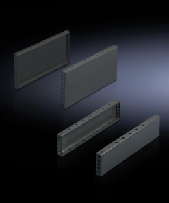 Rittal VX base stand side panels 200x600 mm, metallic structure Four dark gray metallic base stand side panels, rectangular design with perforations at the edges.