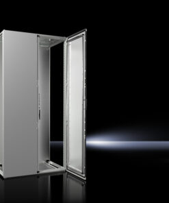 Rittal VX cabinet 800x1800x600 two-part metal frame A two-part silver-colored metal cabinet with open doors, set against a plain black background.