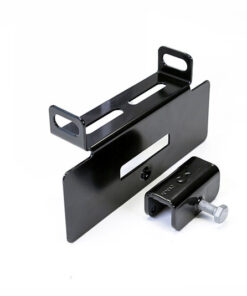 A metallic black bracket with a rectangular plate and a connectable part with a screw.