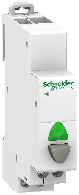 Schneider Electric IPB switch with green light, 24VDC White Schneider Electric switch with green light and button, vertical view.