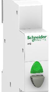 Schneider Electric IPB button with a green button and a red indicator light White Schneider Electric button with a green button and a red indicator light.