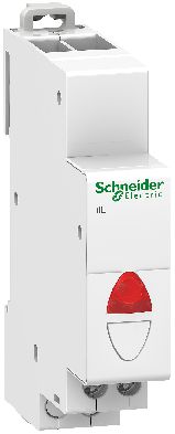 White Schneider Electric Acti 9 LED indicator light with a red and green mark, compact vertical design.