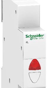 Schneider Electric IIL 230VAC white indicator light White Schneider Electric IIL indicator light with a red lens, narrow and rectangular in shape.