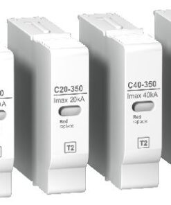 Four white Schneider Electric surge protector replacement cartridges in a row, with technical markings in black...