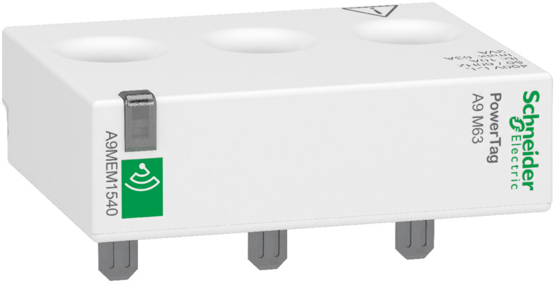 White Schneider Electric PowerTag 3P, rectangular smart energy meter with three connection points and a green marking e...