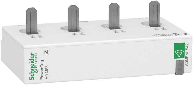 White four-pole Schneider Electric Acti9 PowerTag measurement module with a green logo, viewed from an angle.