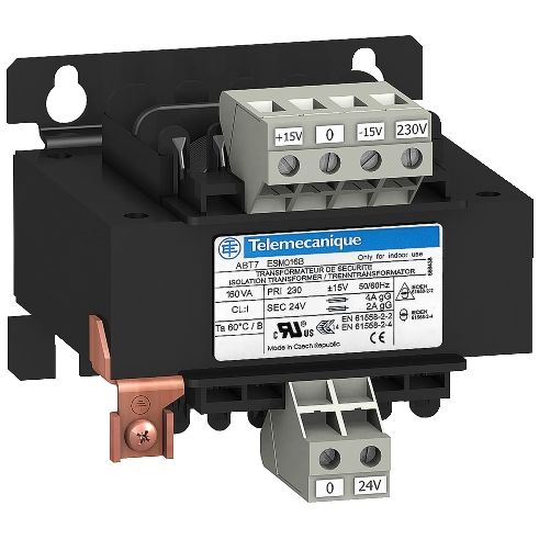 Schneider Electric Modicon 230/24V 63VA transformer with a black frame and connections.