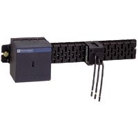 Schneider Electric Linergy AK5JB1410 four-pole electrical component A black four-pole electrical component with cables and a modular structure. View from the right.