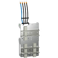 A metallic connection module with four wires and a silver-colored structure, visible from the front.