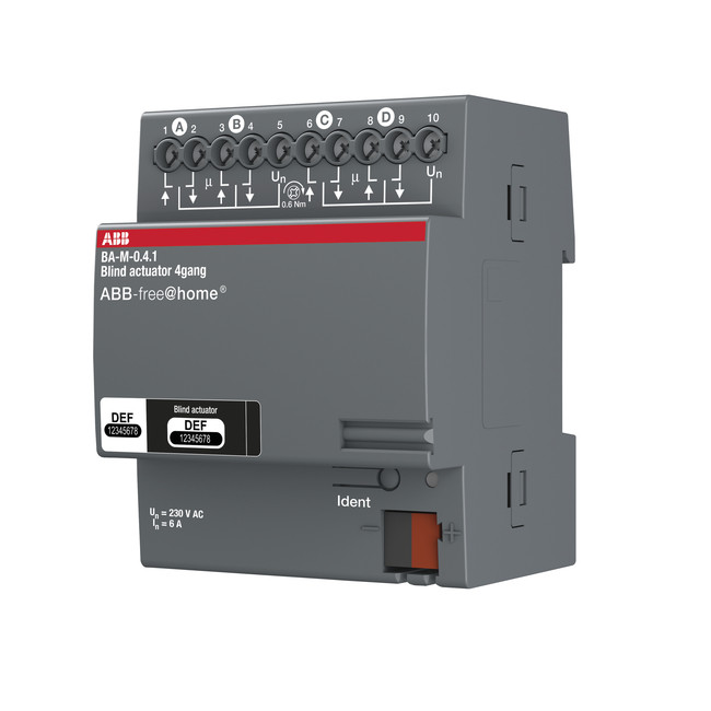 ABB 4-channel curtain motor control unit in a grey enclosure, side view of the connection terminals.