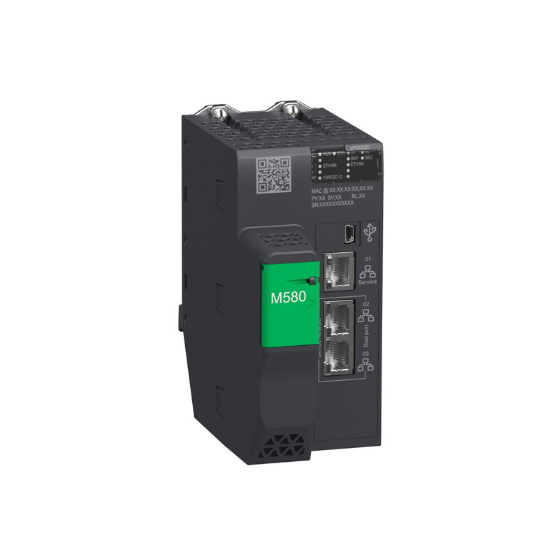 Black and green Schneider Electric Modicon M580 CPU unit, connections visible on the front.