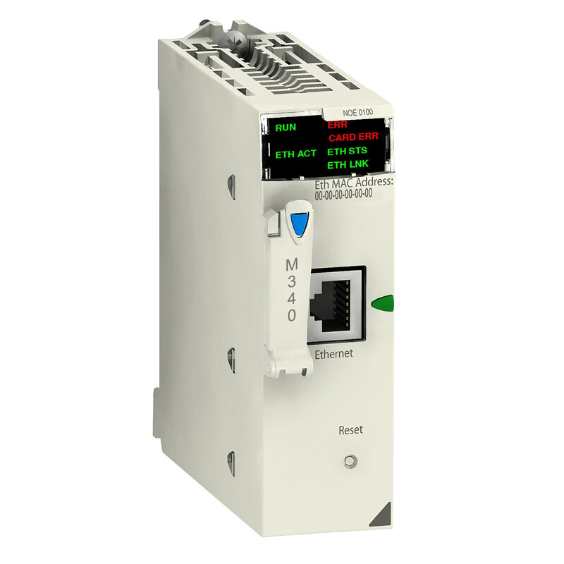 Modicon communication module from Schneider Electric brand with ethernet connectivity. Light gray Modicon communication module in vertical position with an RJ45 port and LEDs.