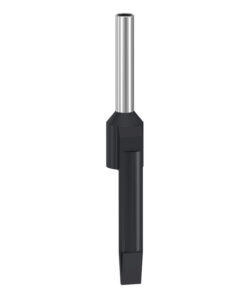 The black structure of the connector merges with the metallic end part, vertical perspective.