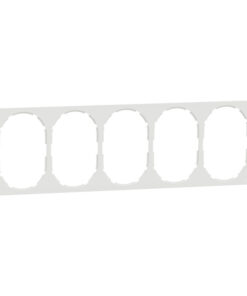 Long, white plastic frame for five power outlets in horizontal position.