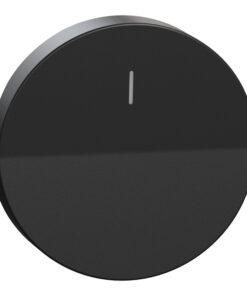 Round, black single-pole toggle switch with a matte finish and a small mark in the center.