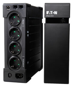 Eaton Ellipse ECO 650VA UPS device, an energy-efficient backup power solution... Black Eaton Ellipse ECO UPS device with four Schuko sockets and a clear control panel, side view.