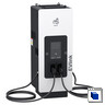 Standing white and black fast charging station, two CCS2 charging connectors, and a front panel with a monitor.
