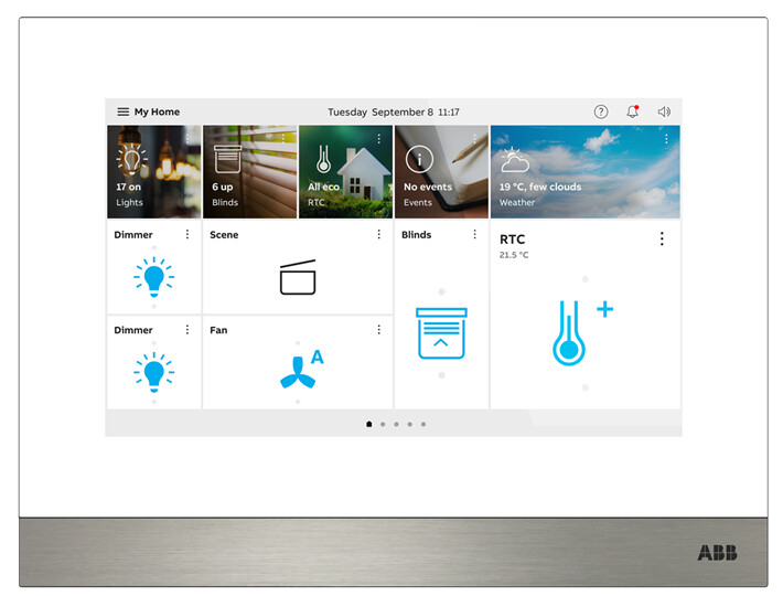 ABB 7" touchscreen LAN+WiFi for home automation, white White 7-inch touchscreen with a user interface for home automation. The screen features adjustment and information panels, ho...