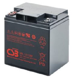 A black rectangular 12V battery with red text and connections on the top.