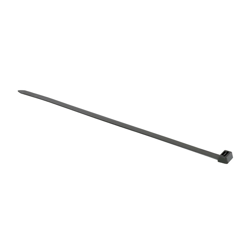 A long black cable tie with a flat surface and a locking mechanism at one end.
