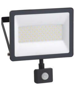 Black-framed LED floodlight, white light surface, connected to a motion sensor.