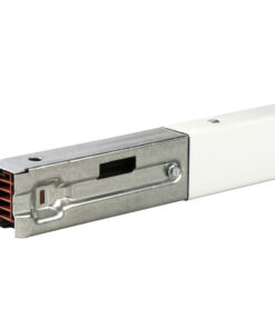 Schneider Electric Canalise KBA distribution busbar 40A, detailed close-up Distribution busbar from Schneider Electric, close-up of white structure and metallic connector.