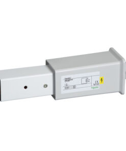 Light gray distribution rail with a metallic supply section and an end piece. CE marking and technical identifiers on the front.